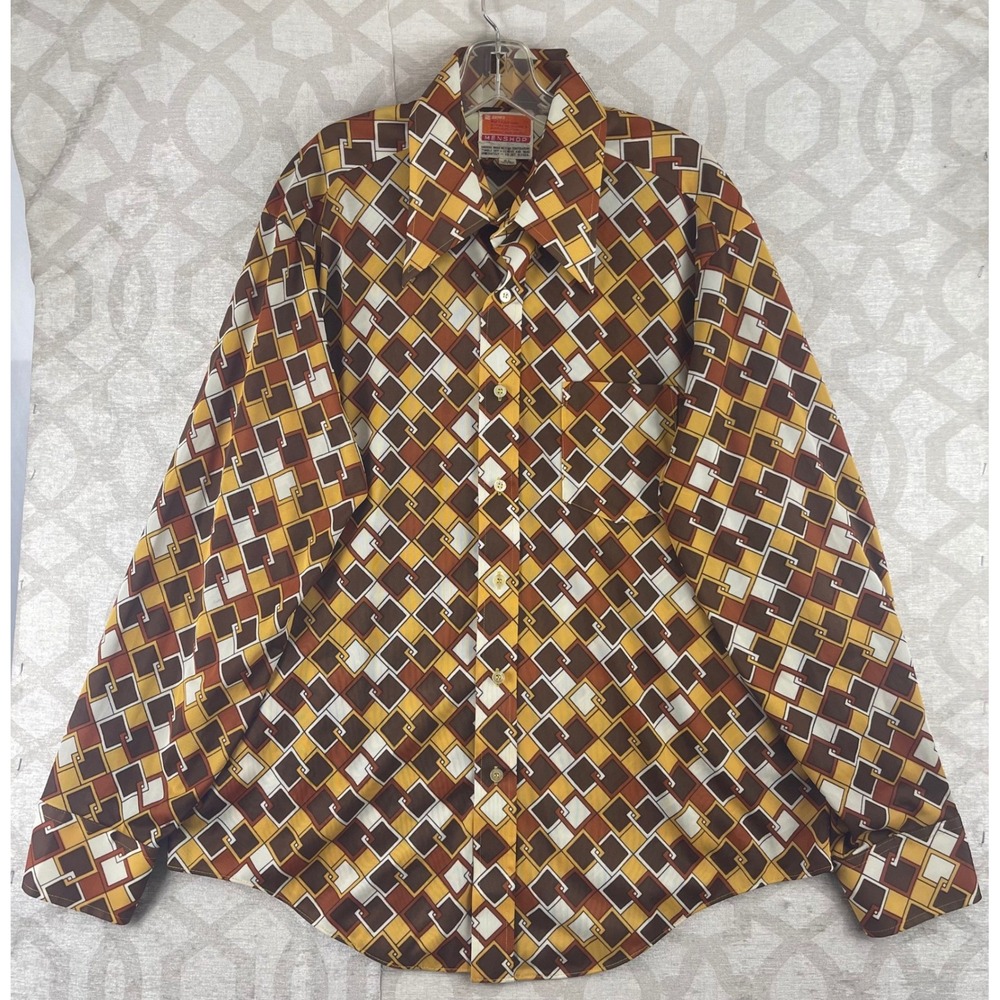 Zayre Matt Andrews Mens XL Brown Orange Geometric 70s Disco Button Up Shirt Vtg